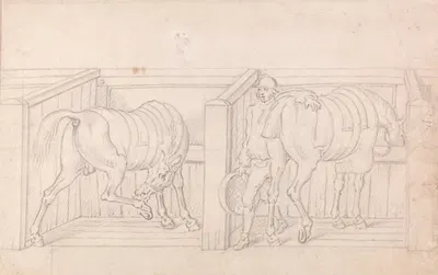 Two Saddled Horses in Stalls in a Stable by Джеймс Сеймур — digital art print download