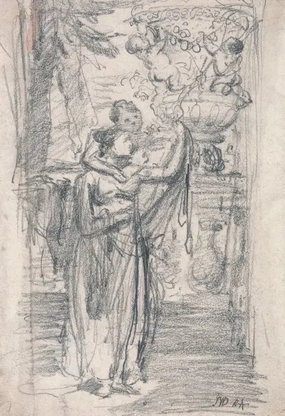 Two Girls (or Lady and Child) on a Garden Terrace near an Ornamental Urn by James Ward — digital art print download