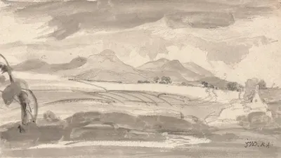 View Overlooking Fields to Distant Mountains, with a Cottage at Right by James Ward — digital art print download
