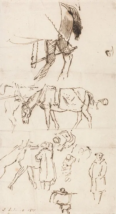 Studies of Horses, Men and Carriages by John Linnell, 1811 — digital art print download