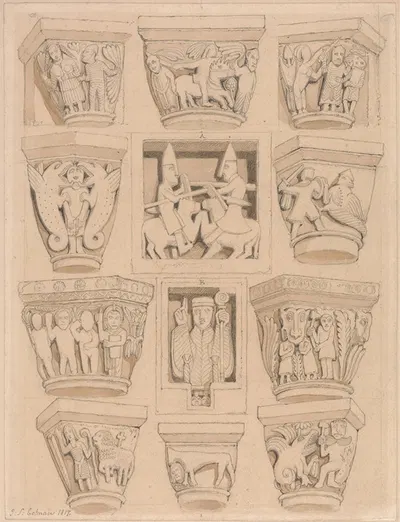 Capitals and A & B Bas-Reliefs in the Abbey Church of Saint Georges de Bocherville, near Rouen, Normandy by Джон Селл…