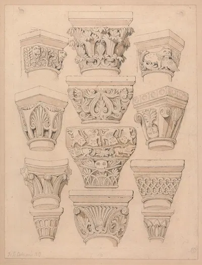 Capitals in the Abbey Church of St. Georges de Bocherville, near Rouen, Normandy by Джон Селл Котман, 1818 — digital art…