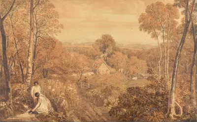 Wooded Landscape with Cottages and Countrywomen, Hurley, Berkshire by Джошуа Кристалл, 1818 — digital art print download