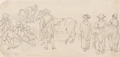 Figure with Lute and Tambourine, with Other Figures; Men Resting, Country Women, Horses, etc. by Пол Сэндби — digital art…