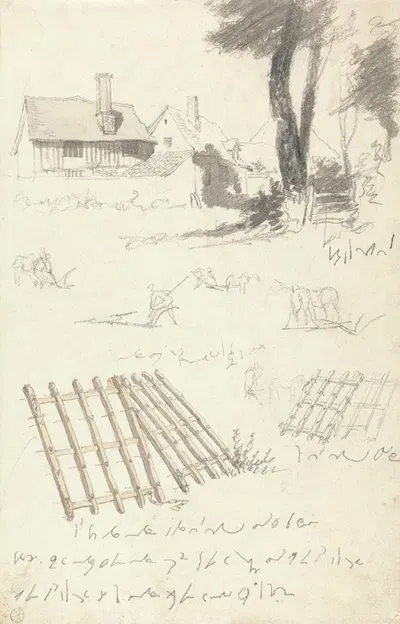 Studies of Farmhouses by a Gate, Ploughing and Harrows by Роберт Хиллс — digital art print download