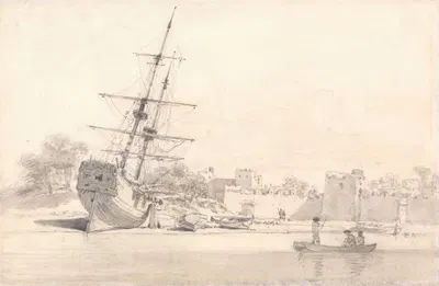 A Small Sailing Ship Drawn Up on the Shore Below Some Fortified Buildings by Уильям Александр — digital art print download