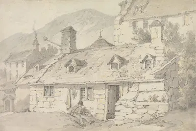 Stone Cottages in a Mountainous Landscape with a Figure in the Foreground by Уильям Александр — digital art print download
