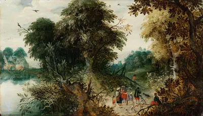Forest View with Travellers by Abraham Govaerts, c. 1620 — digital art print download