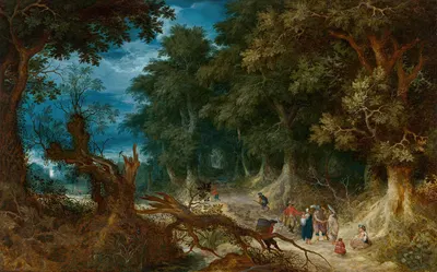 Лесной пейзаж с охотниками и предсказательницей by Абрахам Говаертс, 1612 — digital art print download