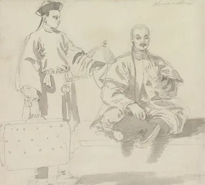 Two Chinese Figures A Seller of Hats and a Man Sitting Cross-Legged, Smoking a Pipe by Уильям Александр — digital art print…