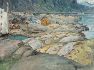 Деревня у подножия горы. Этюд из Лофотен by Анна Боберг, 1912 — digital art print download