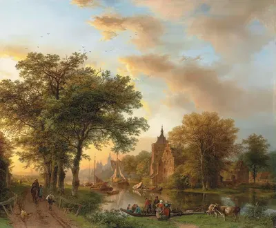 Речной пейзаж в Голландии на закате by Баренд Корнелис Кёккёк, 1852 — digital art print download