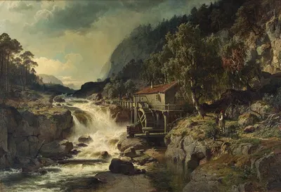 Rocky Landscape with Waterfall and Watermill, Småland by Edvard Bergh, 1862 — digital art print download
