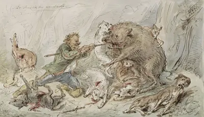Man die een wild zwijn doodt in een woud by Александр Вер Хуэл — digital art print download