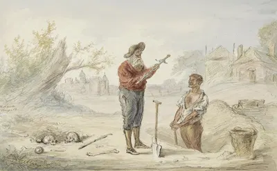 Man die een zwaard opgraaft op een oud slagveld by Александр Вер Хуэл — digital art print download