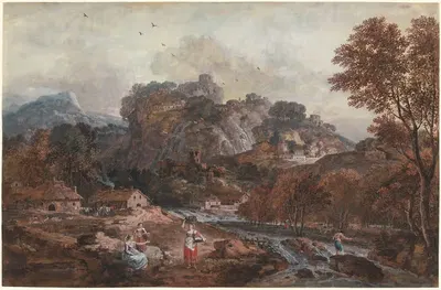 Горный пейзаж с прачками и рыбаком by Франческо Цуккарелли, 1762-1765 — digital art print download