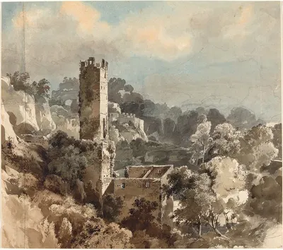 Ruins of a Fortified Tower among Wooded Hills by Friedrich Salathé, 1816-1821 — digital art print download