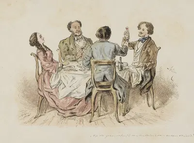 Vier figuren die een toost uitbrengen aan een tafel by Alexander Ver Huell — digital art print download