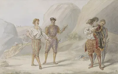 Vier mannen met zwaarden in een rotsachtig landschap by Александр Вер Хуэл — digital art print download