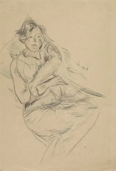 Frau auf einem grünen Polster lehnend by Антон Файстауэр, 1912 — digital art print download