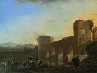 The Tiber River with the Ponte Molle at Sunset by Jan Asselijn, c. 1650 — digital art print download