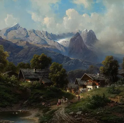 Партенкирхен в Баварии на рассвете by Карл Мильнер, 1860 — digital art print download