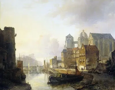 Воображаемый вид на город у реки с собором Аахена by Каспарус Карсен, 1846 — digital art print download
