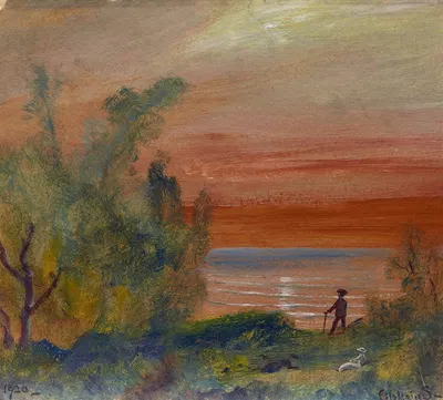 Sunset with Man Standing on Shore by Louis Michel Eilshemius, 1920 — digital art print download