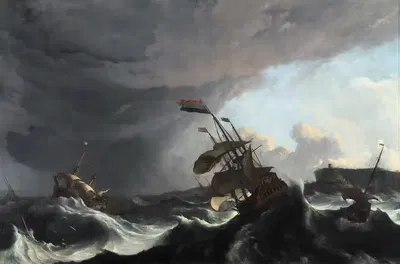 Военные корабли в сильном шторме by Людольф Бахуизен, c. 1695 — digital art print download