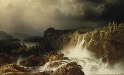 Скалистый пейзаж с водопадом by Маркус Ларсон, 1859 — digital art print download