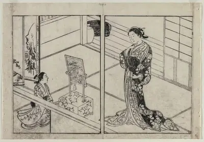 Woman and Child Beside a Mirror Stand by Nishikawa Sukenobu — digital art print download