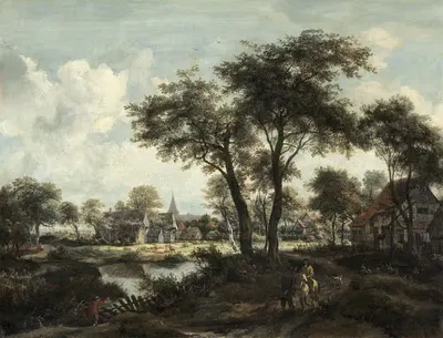 Village near a Pool by Meindert Hobbema, c. 1670 — digital art print download