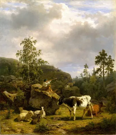 Лесной пейзаж с пастушонком и скотом by Нильс Андрессон, 1856 — digital art print download