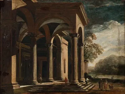 Architectural fantasy, palace in landscape by Ottavio Viviani — digital art print download