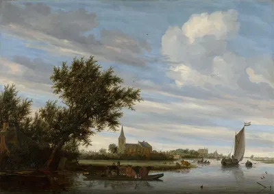 Вид на реку с церковью и паромом by Якоб Саломонсз. ван Руйсдал, 1649 — digital art print download