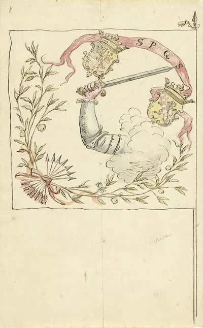 Ontwerp voor een banier met de wapens van Prins Willem I en Schiedam by Элиас ван Неймеген, 1677 - 1755 — digital art print…