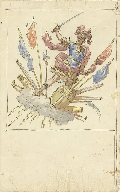 Ontwerp voor een banier met Mars, wapentuig en het wapen van Rotterdam by Элиас ван Неймеген, 1677 - 1755 — digital art…
