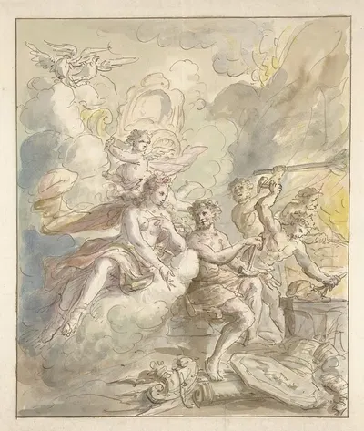 Ontwerp voor een kamerbeschildering met allegorie op het Vuur by Элиас ван Неймеген, 1677 - 1755 — digital art print download