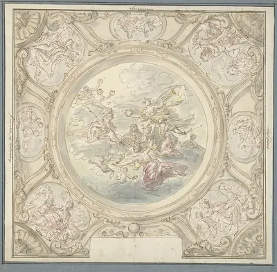 Ontwerp voor een plafondschildering met een allegorie met Minerva by Элиас ван Неймеген, 1677 - 1755 — digital art print…