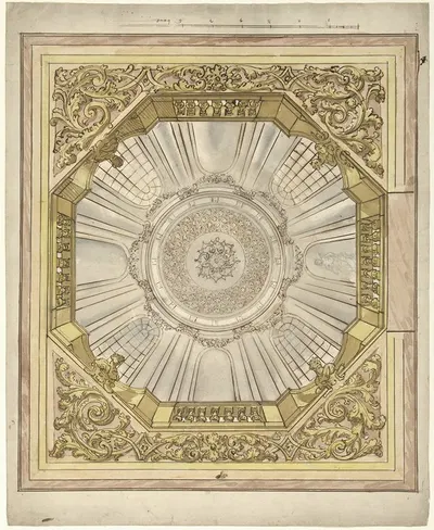Ontwerp voor een plafondschildering met illusionistische koepelgewelf waarin een roset by Элиас ван Неймеген, 1677 - 1755 —…
