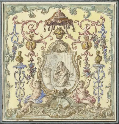 Ornament met offerende Vestaalse maagd by Элиас ван Неймеген, 1677 - 1755 — digital art print download