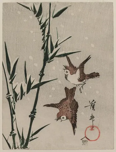 Sparrows, Bamboo and Falling Snow by Кейсаи Эйзен — digital art print download