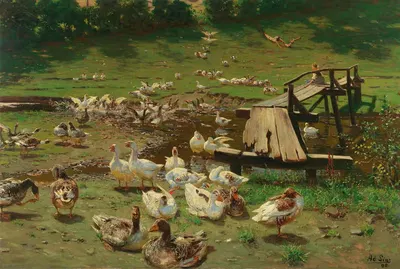 Летний день, гуси у пруда by Адольф Линс — digital art print download