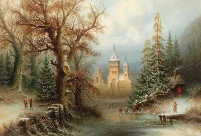 Романтический зимний пейзаж с фигуристами у замка by Альберт Бредов — digital art print download