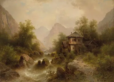 Водопад с мельницей by Альберт Ригер — digital art print download