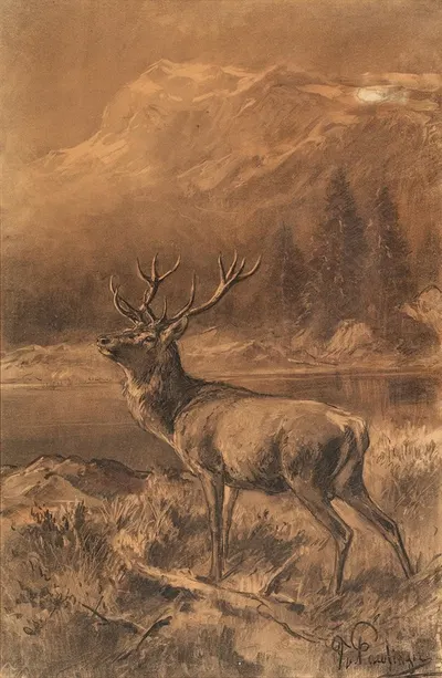 Hirsch vor Gebirgslandschaft by Франц Ксавер фон Паузингер — digital art print download
