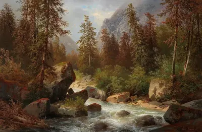 Scene By The Waldbachstrub Near Hallstatt by Carl Hasch — digital art print download
