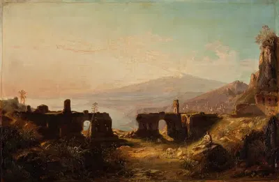 View From The Ancient Theatre In Taormina by Friedrich August Elsasser, 1838 — digital art print download
