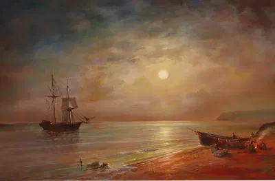 Лунная ночь над прибрежным пейзажем by Григорий Иванович Капустин — digital art print download