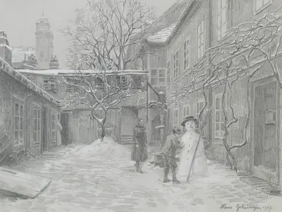 Schneemann in einem Hof in Lichtenthal by Ханс Гётцингер, 1907 — digital art print download